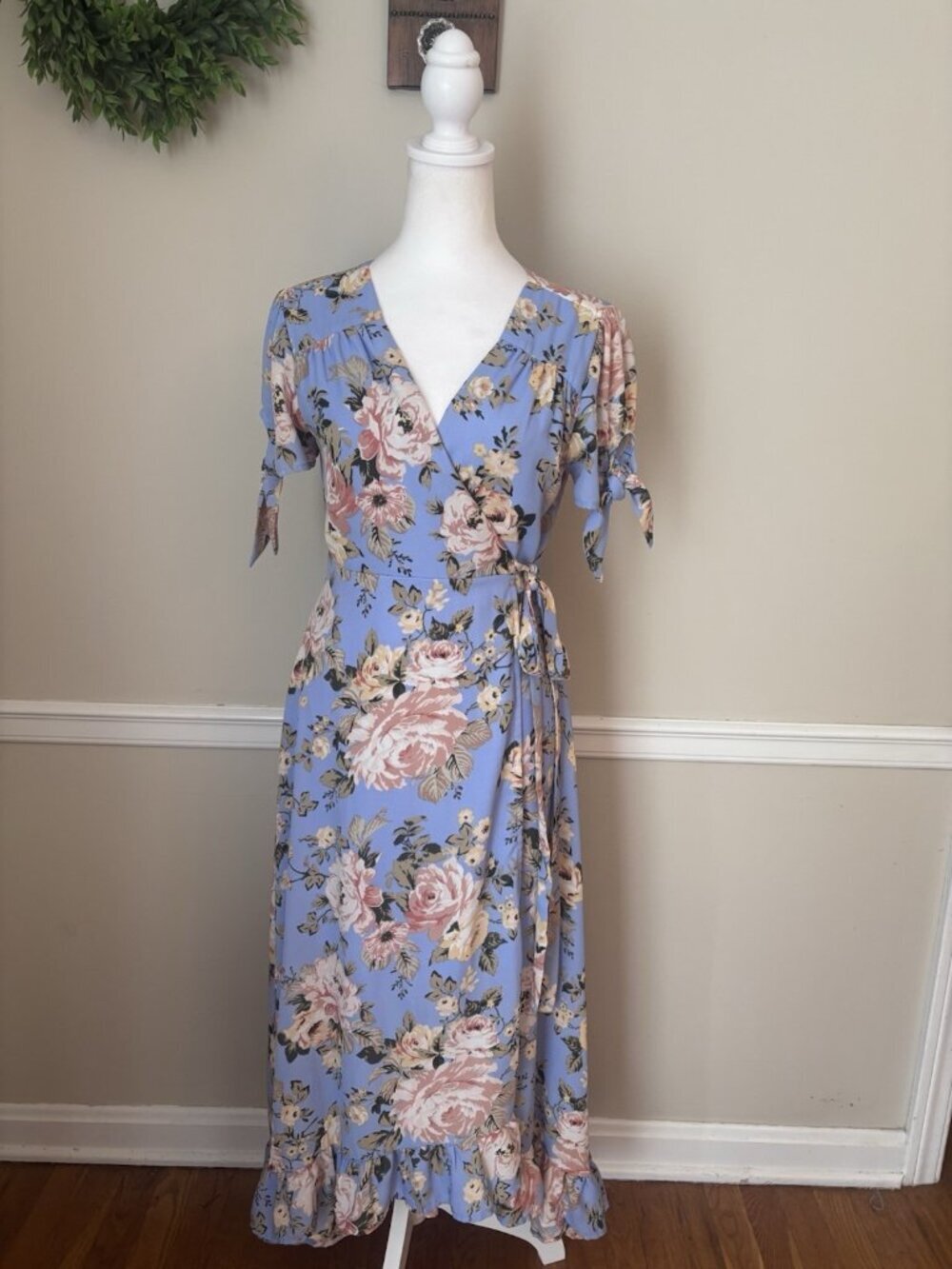 Miami Womens Size S Blue Floral Wrap Dress Maxi Short Sleeve Ruffle Trim